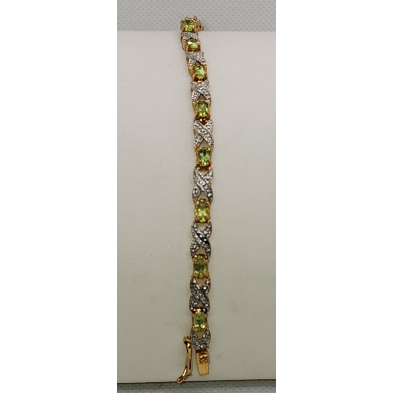 925 STERLING SILVER VERMEIL PERIDOT AND DIAMONDS BRACELET SIZE 7 IN