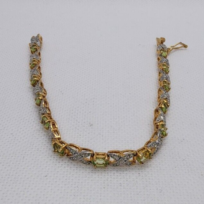 925 Sterling Silver Vermeil Peridot AND Diamonds Bracelet Size 7 IN
