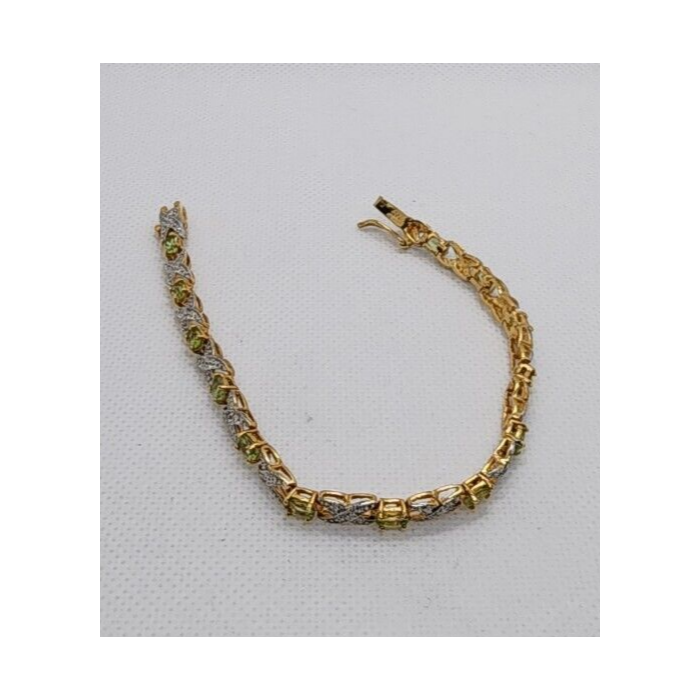 925 STERLING SILVER VERMEIL PERIDOT AND DIAMONDS BRACELET SIZE 7 IN