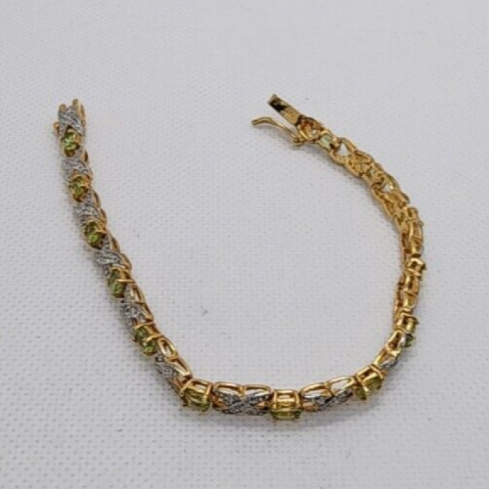 925 Sterling Silver Vermeil Peridot AND Diamonds Bracelet Size 7 IN