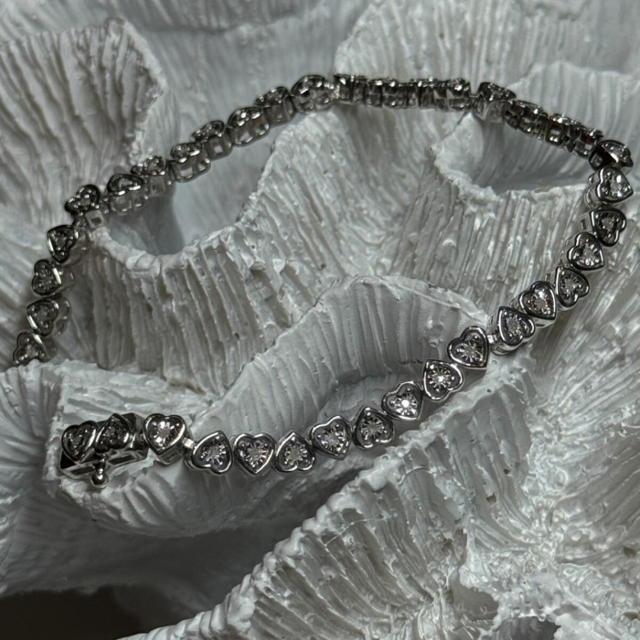 925 Sterling Silver White Sapphire Heart Bracelet Size 7 Inch