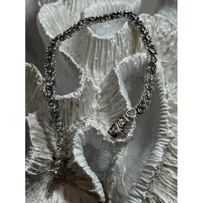 925 Sterling Silver White Sapphire Heart Bracelet Size 7 Inch