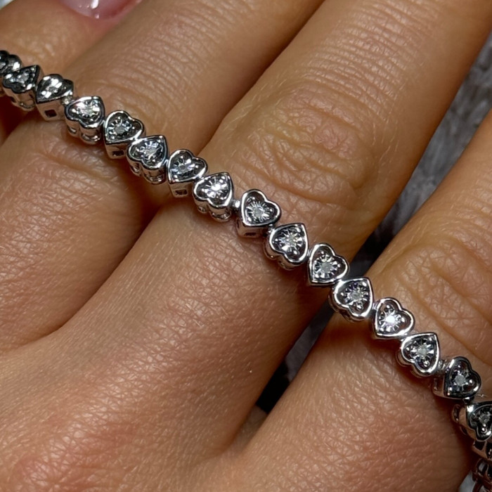 925 Sterling Silver White Sapphire Heart Bracelet Size 7 Inch