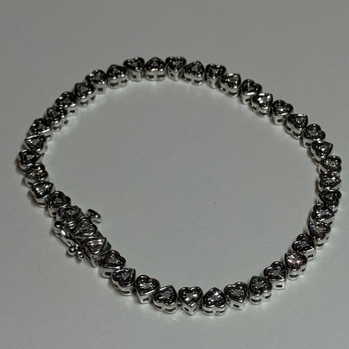 925 Sterling Silver White Sapphire Heart Bracelet Size 7 Inch