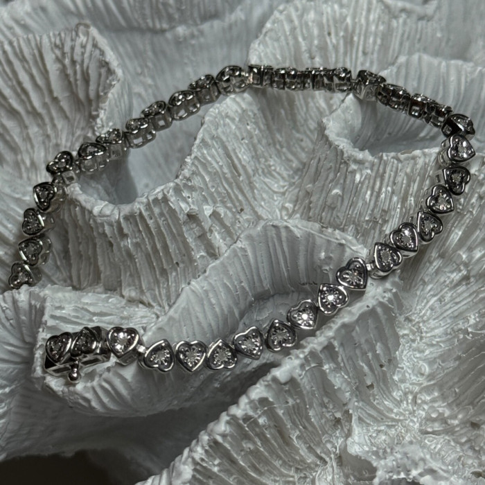 925 Sterling Silver White Sapphire Heart Bracelet Size 7 Inch