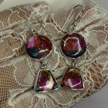 925 Sterling Silver Pink Oyster Turquoise Earrings Length 2 Inch