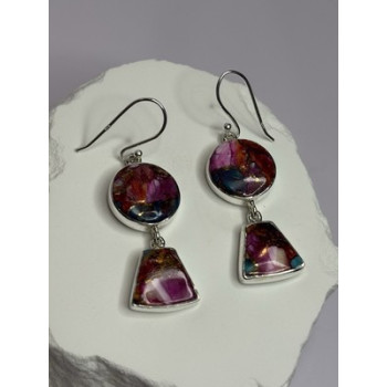 925 Sterling Silver Pink Oyster Turquoise Earrings Length 2 Inch