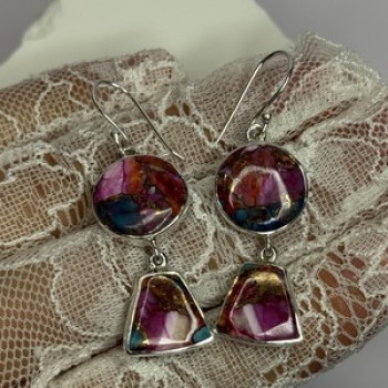 925 Sterling Silver Pink Oyster Turquoise Earrings Length 2 Inch
