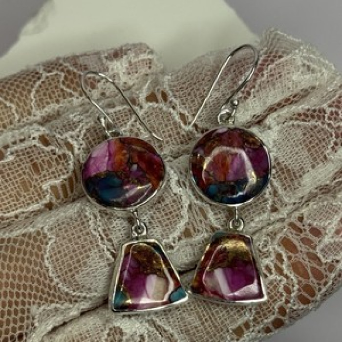 925 Sterling Silver Pink Oyster Turquoise Earrings Length 2 Inch