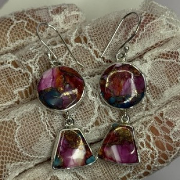 925 Sterling Silver Pink Oyster Turquoise Earrings Length 2 Inch