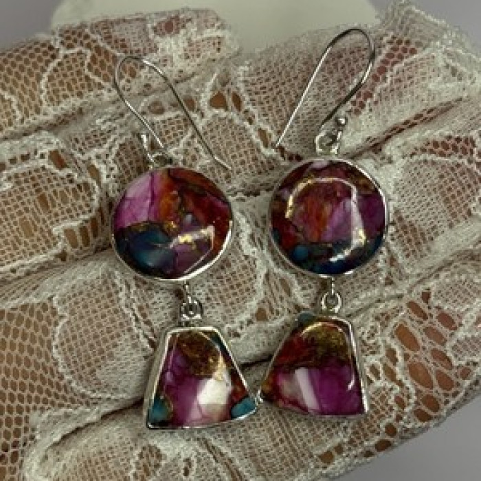 925 Sterling Silver Pink Oyster Turquoise Earrings Length 2 Inch