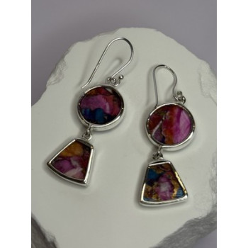 925 Sterling Silver Pink Oyster Turquoise Earrings Length 2 Inch