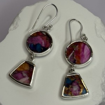 925 Sterling Silver Pink Oyster Turquoise Earrings Length 2 Inch