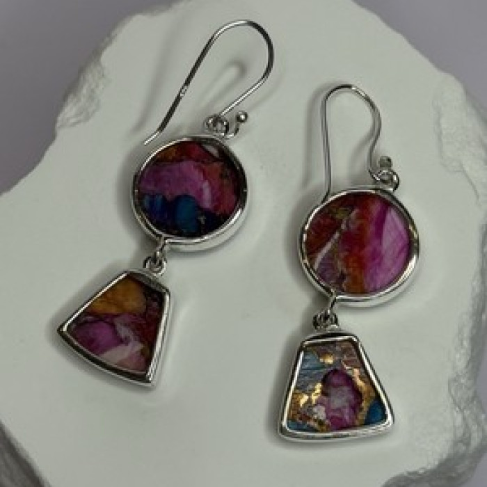925 Sterling Silver Pink Oyster Turquoise Earrings Length 2 Inch