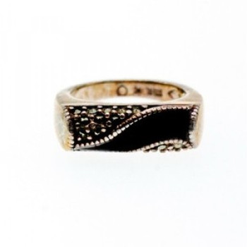 925 Sterling Silver Nephrite ( Jade ) & Black Quartz Ring Size 6.5