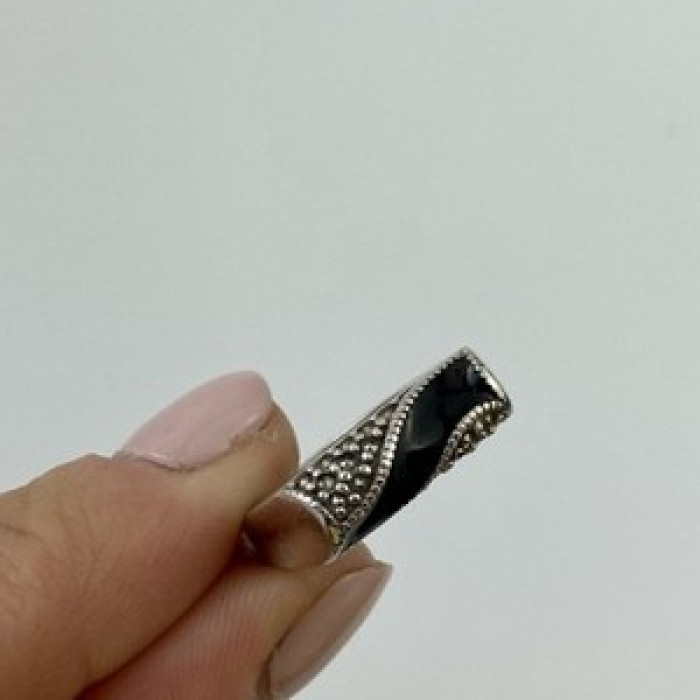 925 Sterling Silver Nephrite ( Jade ) & Black Quartz Ring Size 6.5