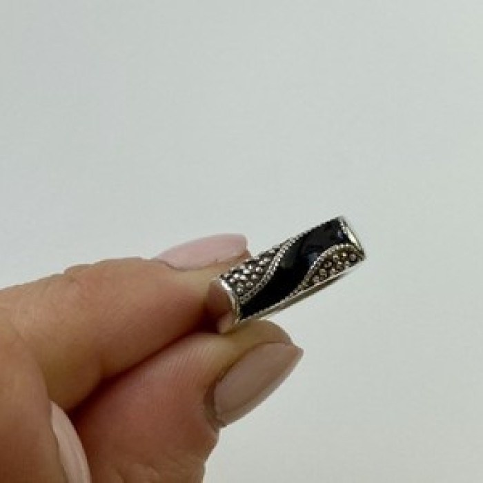 925 Sterling Silver Nephrite ( Jade ) & Black Quartz Ring Size 6.5