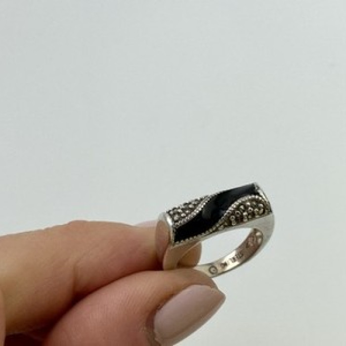 925 Sterling Silver Nephrite ( Jade ) & Black Quartz Ring Size 6.5