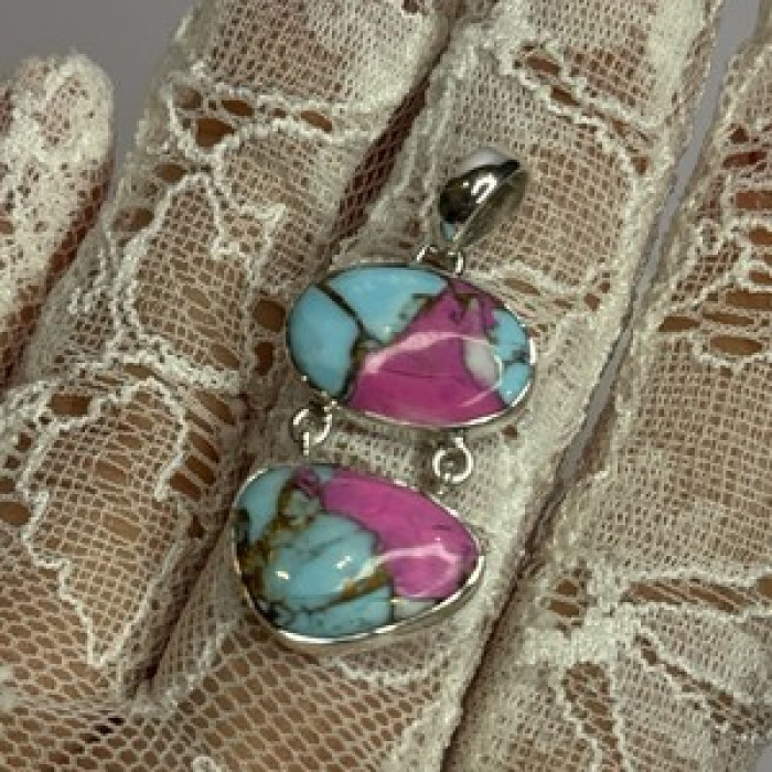 925 Sterling Silver Cotton Candy Turquoise Pendant Length 1.5 Inch
