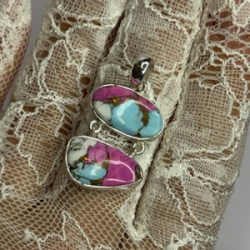 925 Sterling Silver Cotton Candy Turquoise Pendant Length 1.5 Inch