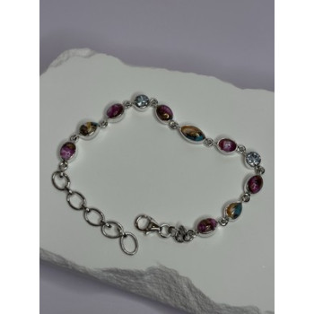 925 Sterling Silver Oyster Turquoise & Topaz Bracelet Length 6-8 Inch