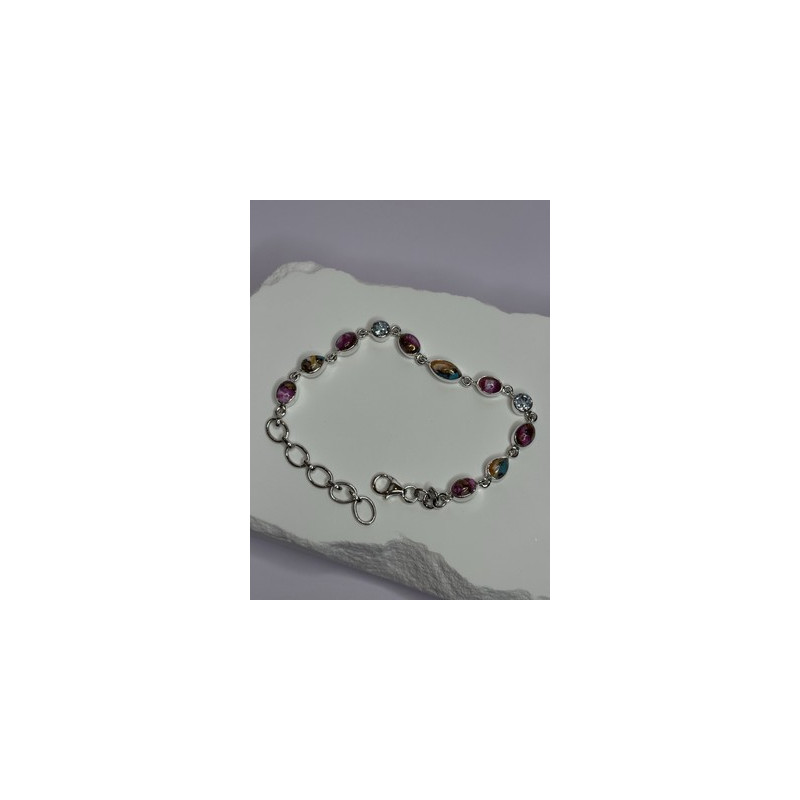 925 Sterling Silver Oyster Turquoise & Topaz Bracelet Length 6-8 Inch