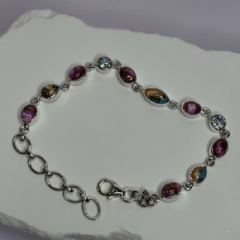 925 Sterling Silver Oyster Turquoise & Topaz Bracelet Length 6-8 Inch
