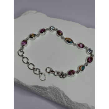 925 Sterling Silver Oyster Turquoise & Topaz Bracelet Length 6-8 Inch