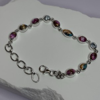 925 Sterling Silver Oyster Turquoise & Topaz Bracelet Length 6-8 Inch