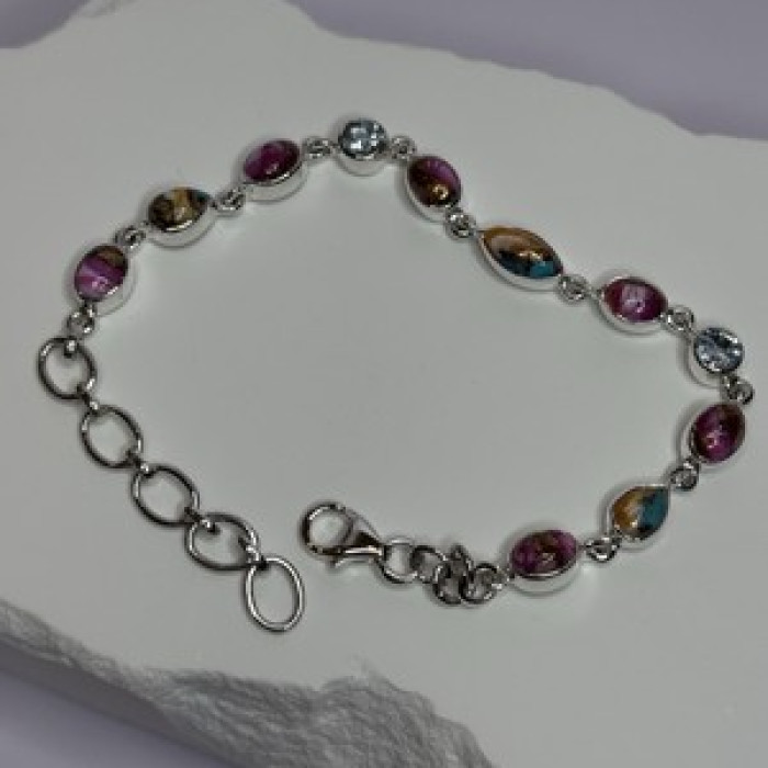 925 Sterling Silver Oyster Turquoise & Topaz Bracelet Length 6-8 Inch