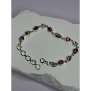 925 Sterling Silver Oyster Turquoise & Topaz Bracelet Length 6-8 Inch