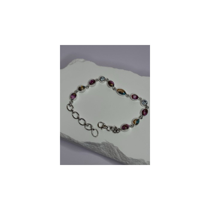925 Sterling Silver Oyster Turquoise & Topaz Bracelet Length 6-8 Inch