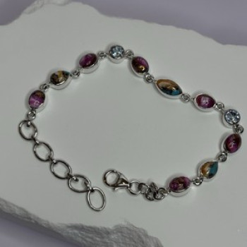 925 Sterling Silver Oyster Turquoise & Topaz Bracelet Length 6-8 Inch