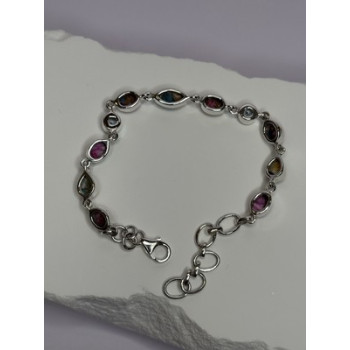 925 Sterling Silver Oyster Turquoise & Topaz Bracelet Length 6-8 Inch