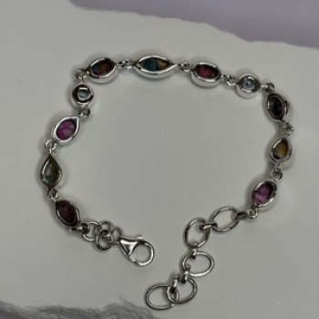 925 Sterling Silver Oyster Turquoise & Topaz Bracelet Length 6-8 Inch