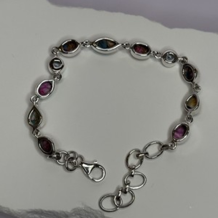 925 Sterling Silver Oyster Turquoise & Topaz Bracelet Length 6-8 Inch