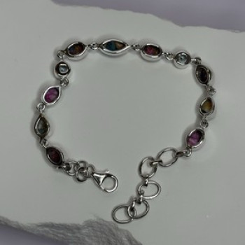 925 Sterling Silver Oyster Turquoise & Topaz Bracelet Length 6-8 Inch