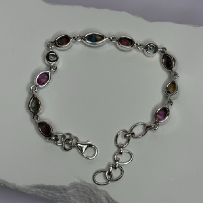 925 Sterling Silver Oyster Turquoise & Topaz Bracelet Length 6-8 Inch