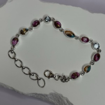 925 Sterling Silver Oyster Turquoise & Topaz Bracelet Length 6-8 Inch