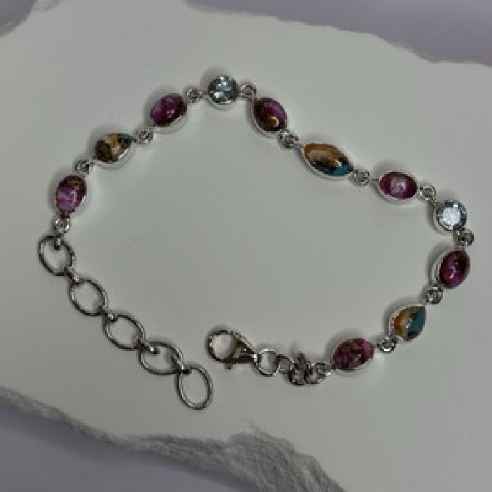 925 Sterling Silver Oyster Turquoise & Topaz Bracelet Length 6-8 Inch