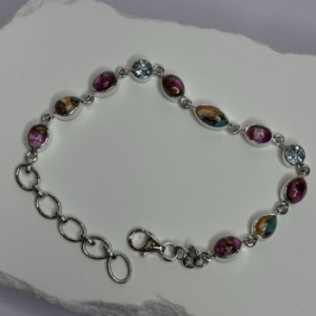 925 Sterling Silver Oyster Turquoise & Topaz Bracelet Length 6-8 Inch