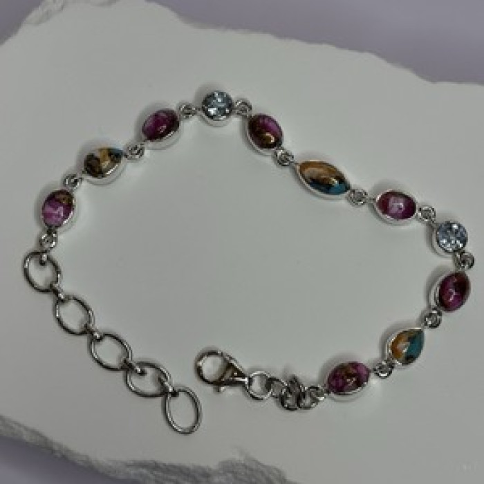 925 Sterling Silver Oyster Turquoise & Topaz Bracelet Length 6-8 Inch