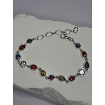 925 Sterling Silver Oyster Turquoise & Topaz Bracelet Length 6-8 Inch