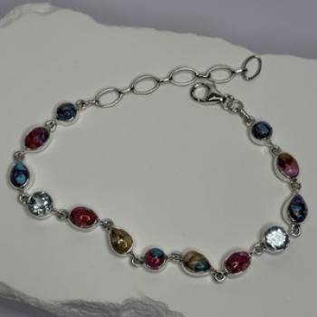 925 Sterling Silver Oyster Turquoise & Topaz Bracelet Length 6-8 Inch
