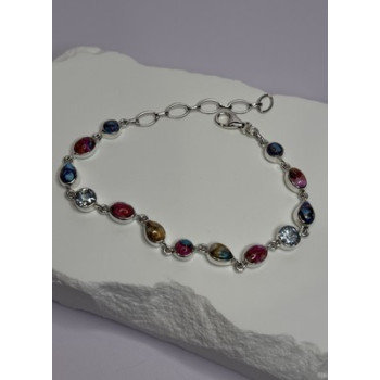 925 Sterling Silver Oyster Turquoise & Topaz Bracelet Length 6-8 Inch