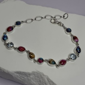 925 Sterling Silver Oyster Turquoise & Topaz Bracelet Length 6-8 Inch
