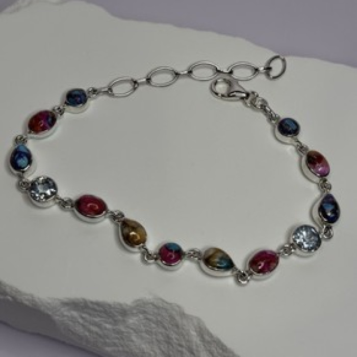 925 Sterling Silver Oyster Turquoise & Topaz Bracelet Length 6-8 Inch
