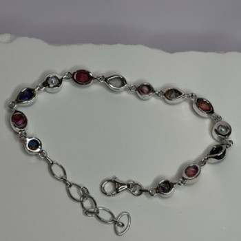 925 Sterling Silver Oyster Turquoise & Topaz Bracelet Length 6-8 Inch
