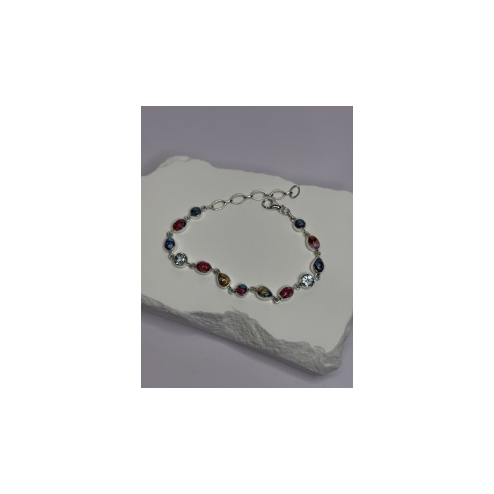 925 Sterling Silver Oyster Turquoise & Topaz Bracelet Length 6-8 Inch