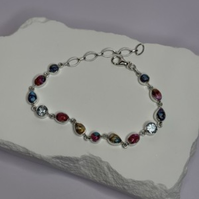 925 Sterling Silver Oyster Turquoise & Topaz Bracelet Length 6-8 Inch